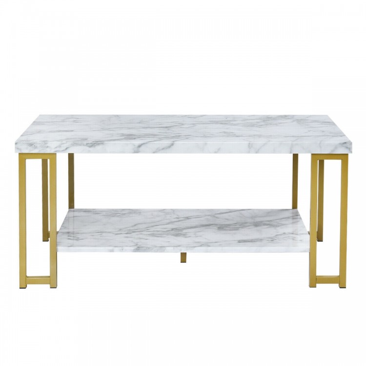 2-Tier Rectangular Modern Coffee Table with Gold Print Metal Frame
