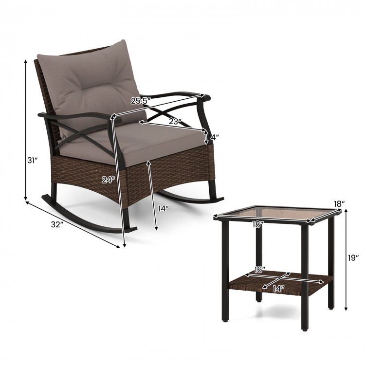 3 Pieces Outdoor Rattan Rocking Chairs Set with  2-Tier Side Table for Garden Backyard