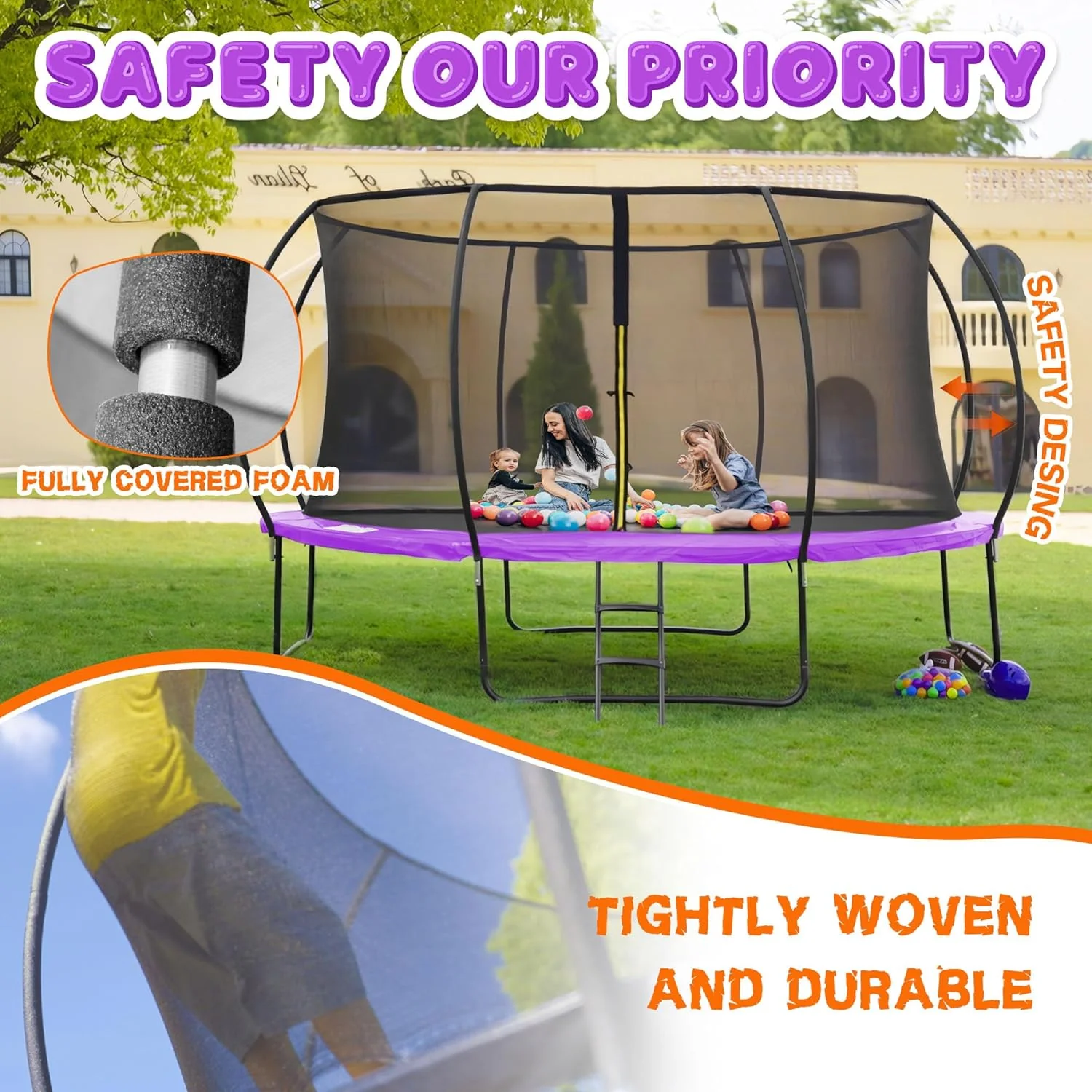 Trampoline 8FT 10FT 12FT 14FT 16FT, Recreational Trampolines with Enclosure Net and Ladder, Outdoor Anti-Rust Trampolines for Kids and Adults, ASTM Approved