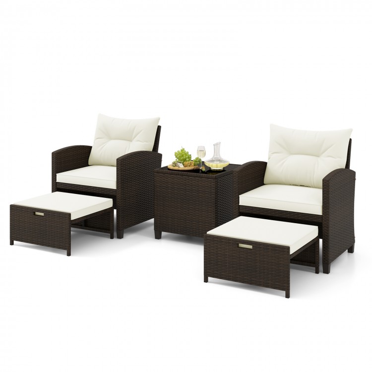 5 Pieces Patio Rattan Furniture with 2 Ottomans and Tempered Glass Coffee Table