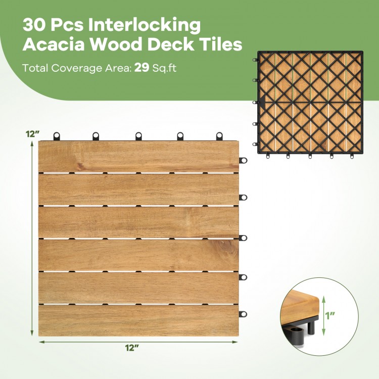30 PCS Interlocking Deck Tiles 12 x 12 Inch Acacia Wood Patio Tiles with Straight Slats