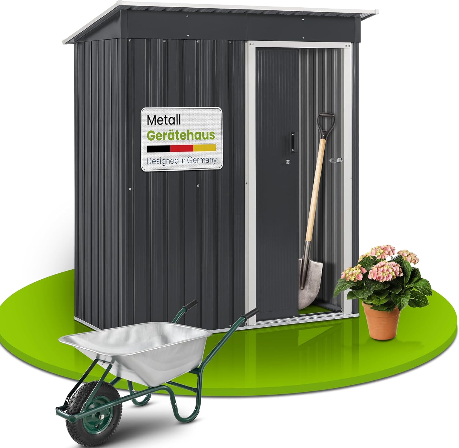 Juskys Metal udstyrshus M 4 m³ med halvtag, skydedør og fundament - 213 x 130 x 173 cm - antracit - enhedsskur havehus skur stål