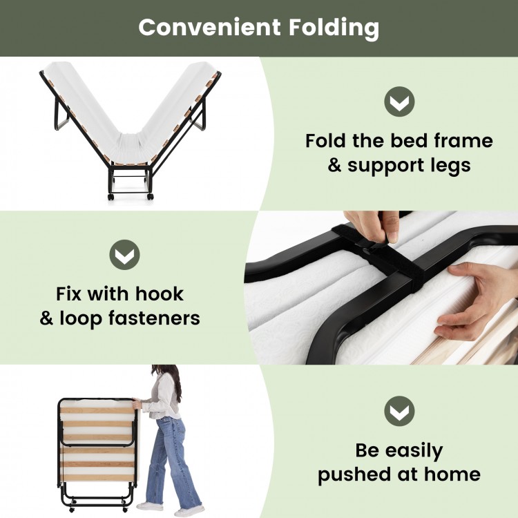 Twin Size Folding Bed with Foam Mattress and Lockable Wheels