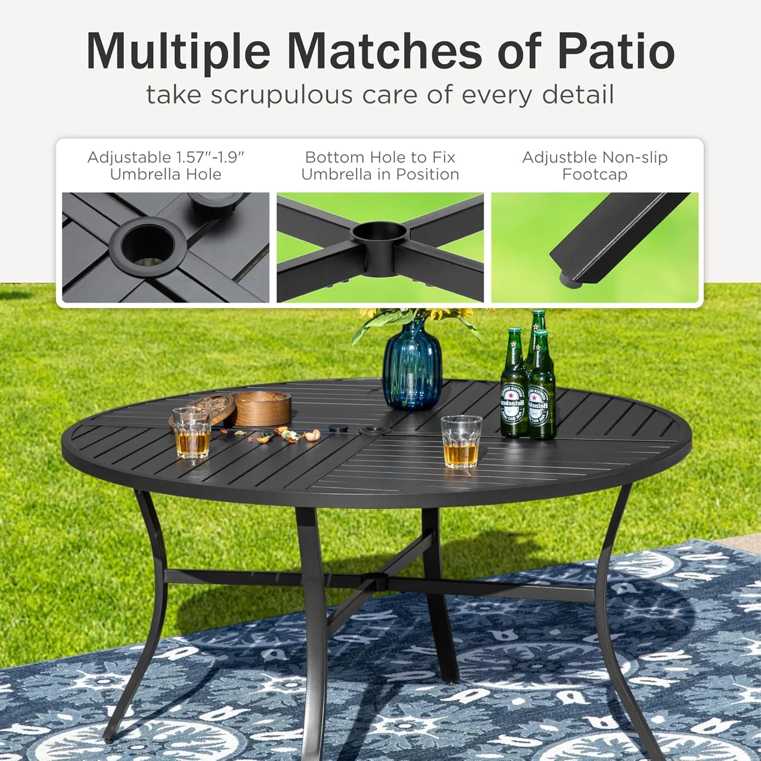 PHI VILLA 6-Piece Outdoor Dining Sets, All-Weather Patio Table and Chairs Set with Umbrella for 4, Heavy Duty Patio Round Table Set for Deck, 4 Extra Large Outdoor Swivel Chairs with Thick Cushions