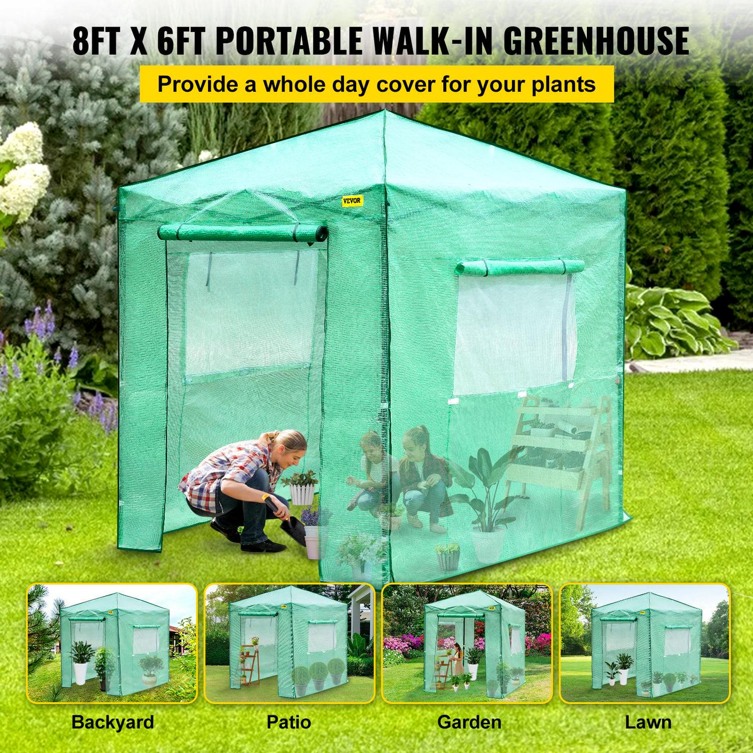 VEVOR 8x6ft Portable Pop-up Walk-in Greenhouse, Waterproof & UV Resistant, with Roll-Up Door & Windows for Gardening