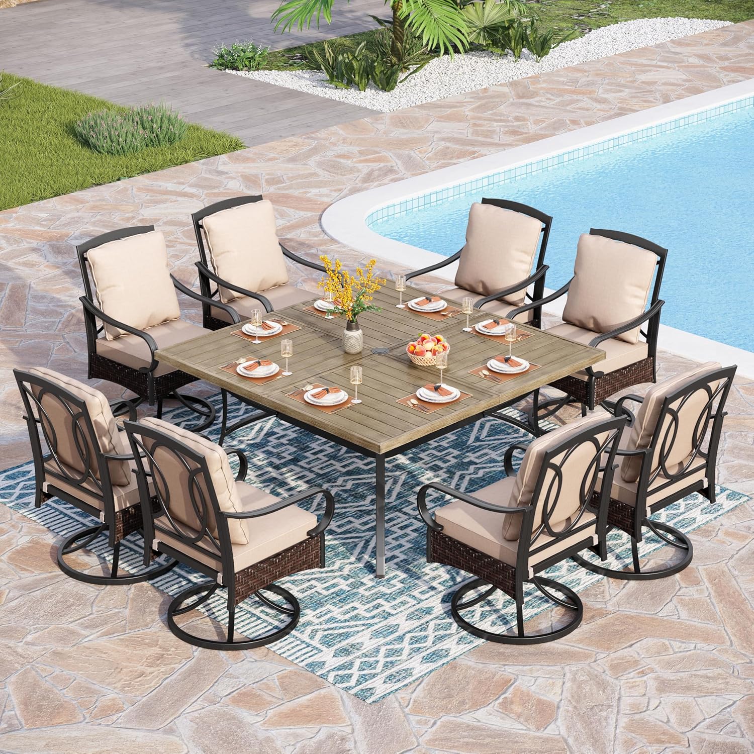 PHI VILLA 6-Piece Outdoor Dining Sets, All-Weather Patio Table and Chairs Set with Umbrella for 4, Heavy Duty Patio Round Table Set for Deck, 4 Extra Large Outdoor Swivel Chairs with Thick Cushions