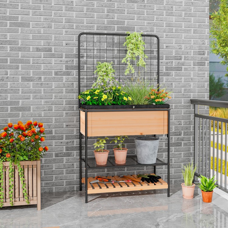 Raised Garden Bed with Trellis 2-tier Storage Shelves