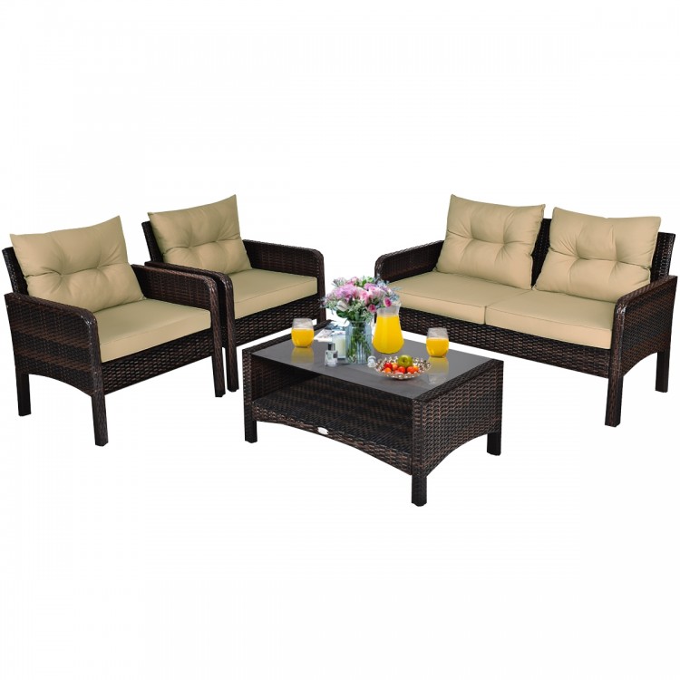 4 Pieces Outdoor Rattan Wicker Furniture Set with Cushions