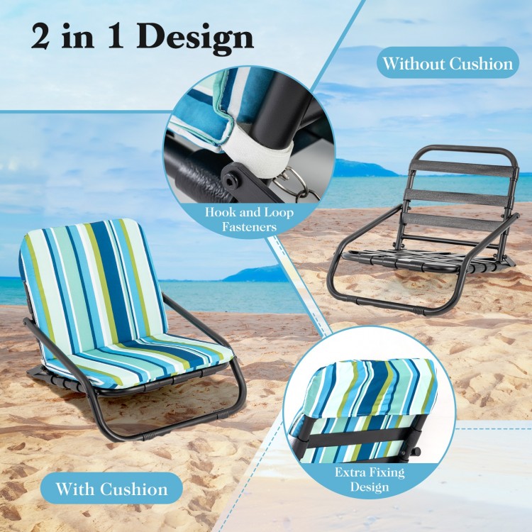 2 Pack Low Folding Beach Chairs for Adults with Cushion