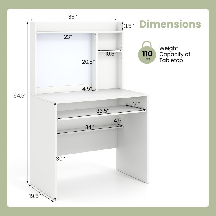 Compact Office Computer Desk with Hutch Magnetic Whiteboard