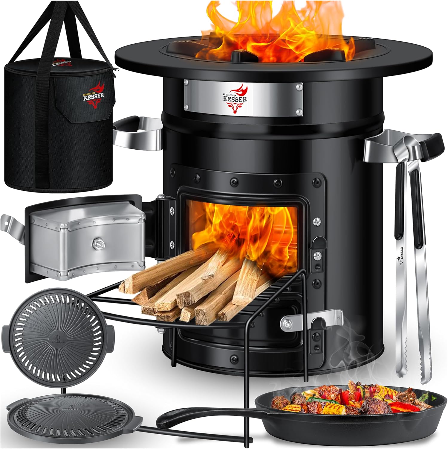 KESSER® Raketovn inkl. støbejerns grillpande grillplade, grilltang og bæretaske | hollandsk ovn grillraket brændeovn camping | udendørs camping komfur camping grill rustfrit stål sort
