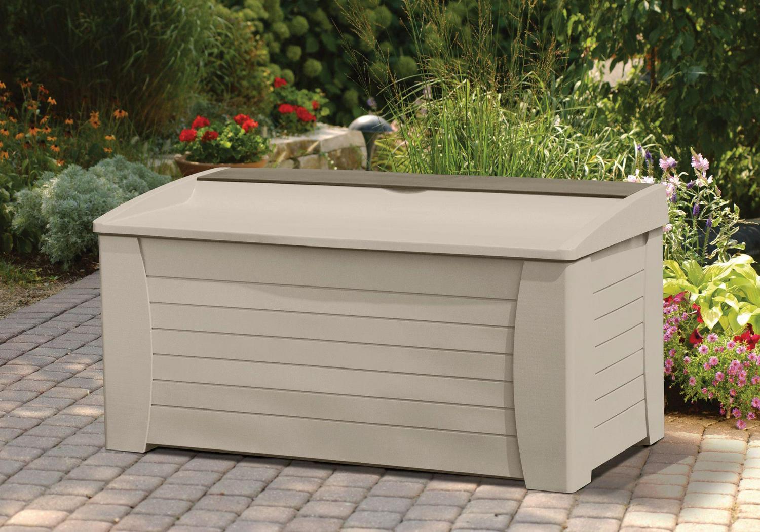 Suncast 127 Gal Resin Patio Storage Deck Box with Seat, Taupe, Weather-Resistant
