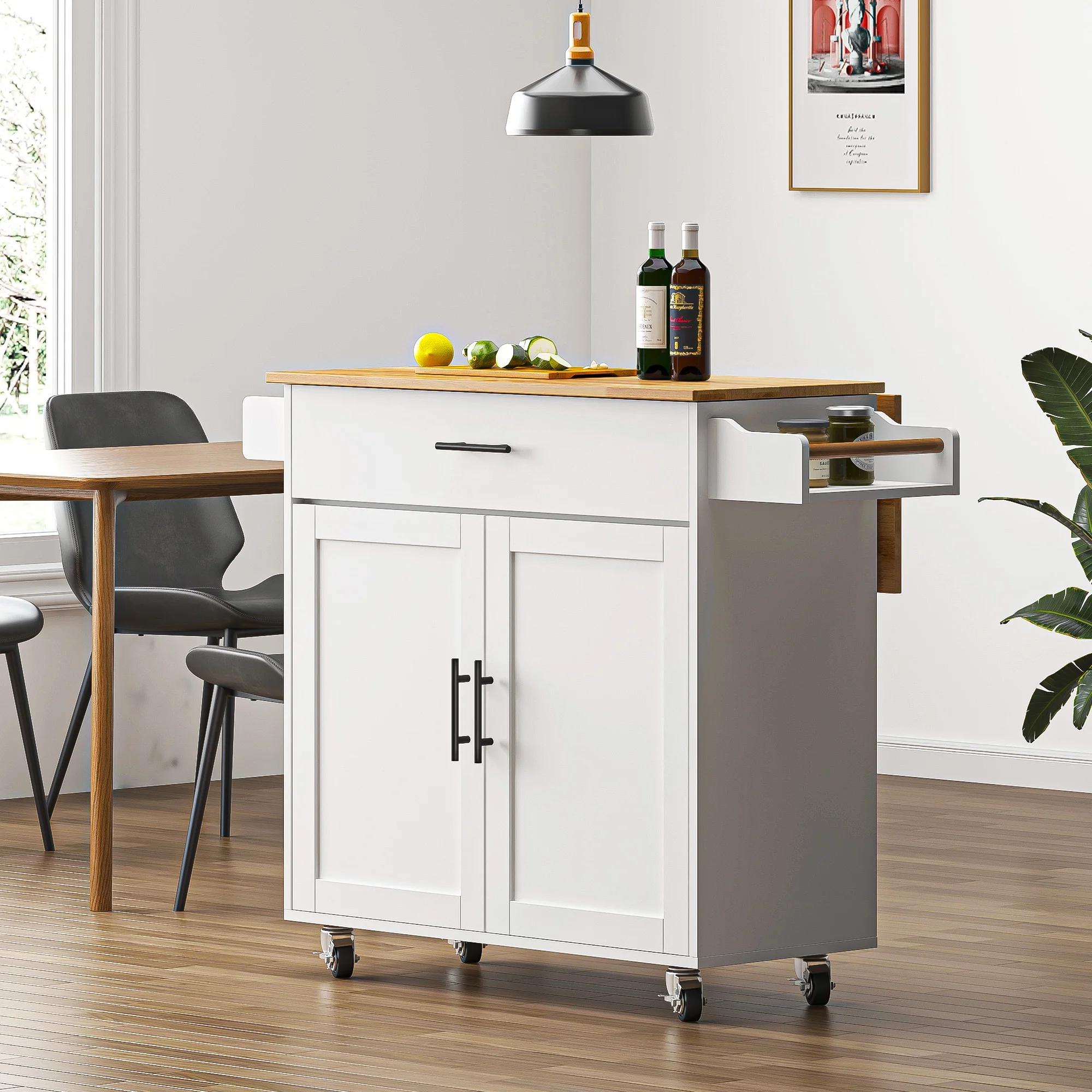SogesHome Kitchen Island with Hidden Cabinets, Sliding Drawers & Adjustable Shelves, Mobile with Locking Wheels