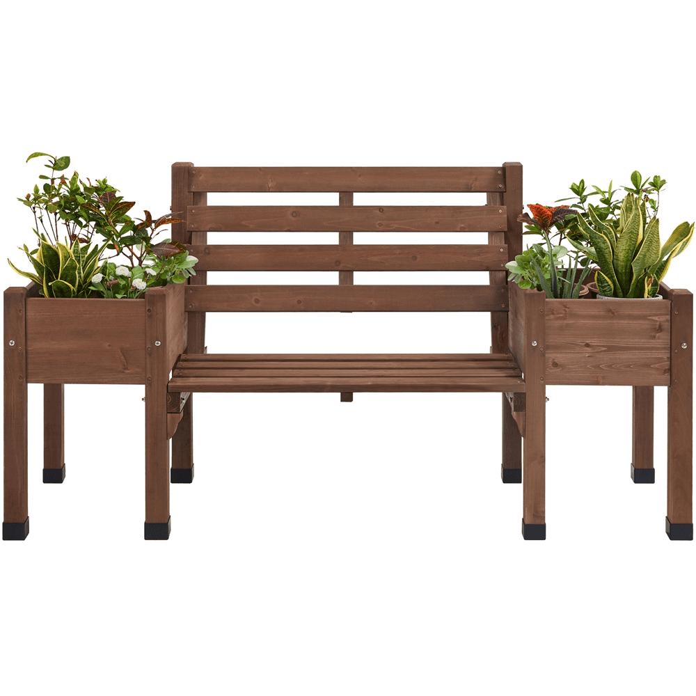SmileMart Outdoor Wood Bench with Double Planter Boxes, Brown, Fir Wood, Water-Resistant