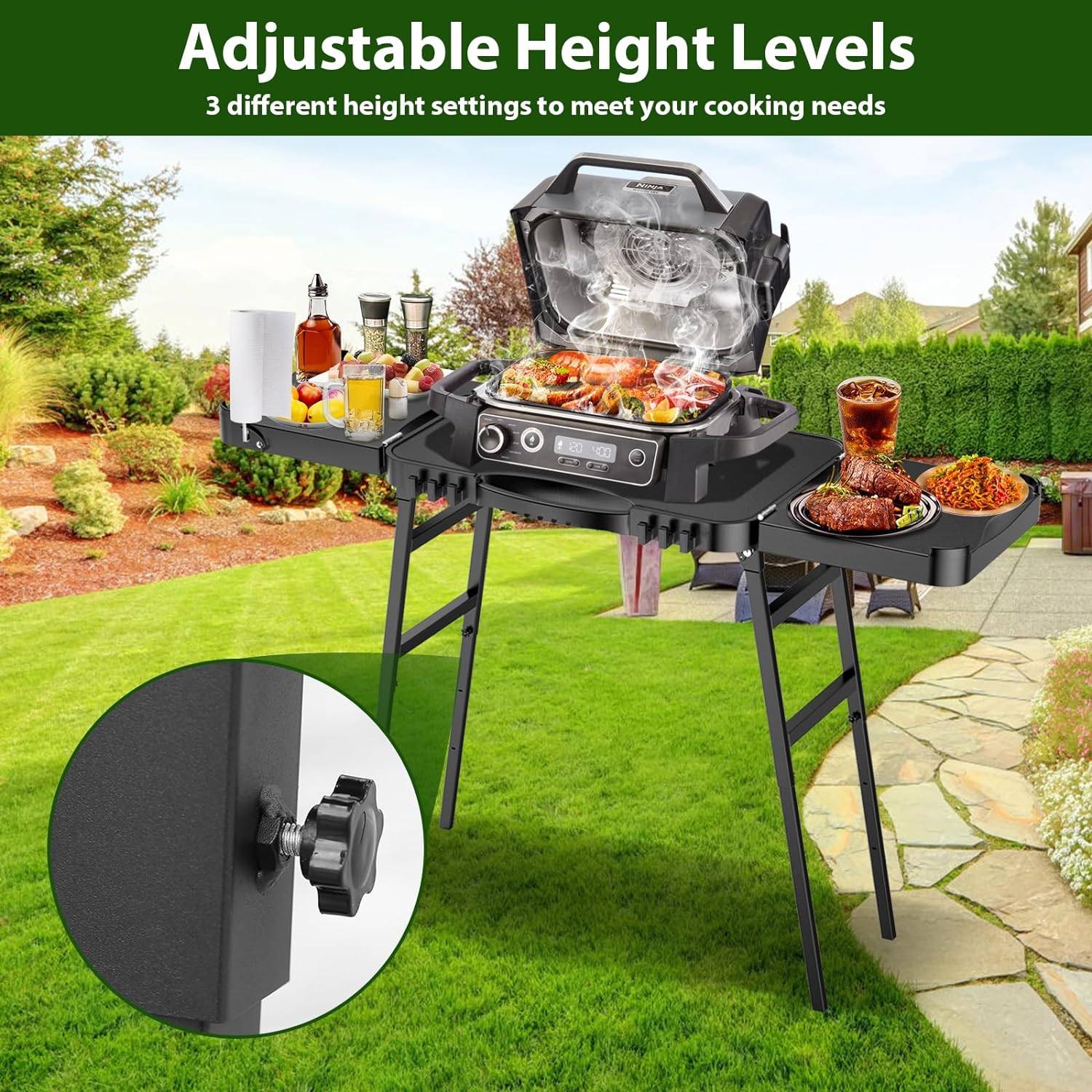 BBQMall Outdoor Grill/Griddle Cart – Portable Folding Stand with Adjustable Legs, 2-Wheel Design, High-Quality Steel Frame, Black