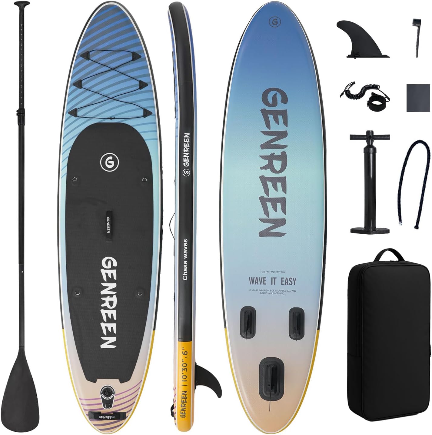 GENREEN (Ekstra stor) Stående op padlebræt til alle færdighedsniveauer, 335 x 86 cm Oppusteligt paddleboard til voksne med alt tilbehør, SUP-bræt med cam-beslag, 3 finner