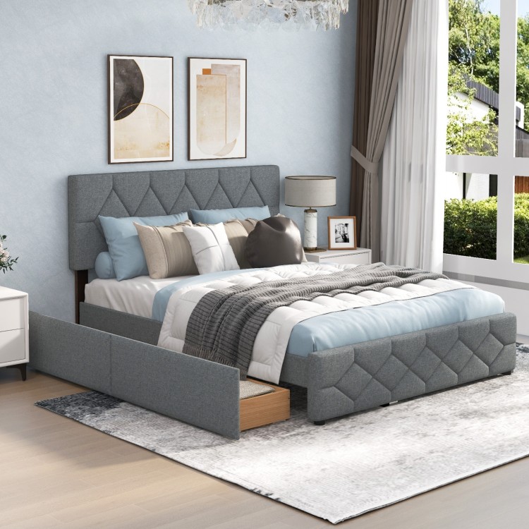 Queen Upholstered Platform Bed with Trundle and 2 Drawers No Box Spring Needed Noise Free