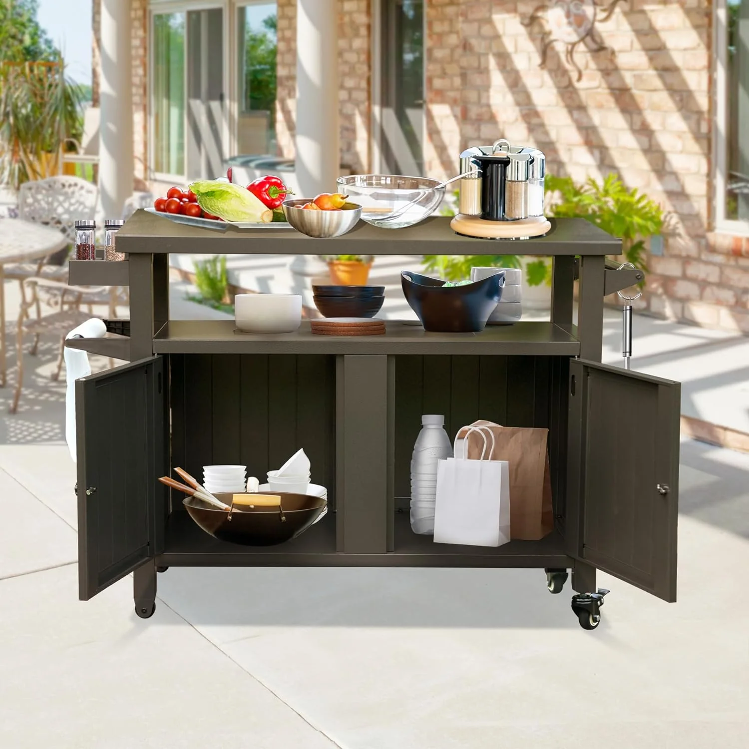 Heavy Duty Galvanized Steel Outdoor Storage Cabinet with Wheels – XL BBQ Grill Table, 57 Gallon Capacity, Brown & Grey