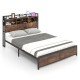 Full/Queen Size Bed Frame with 3-Tier Bookcase Headboard and Charging Station