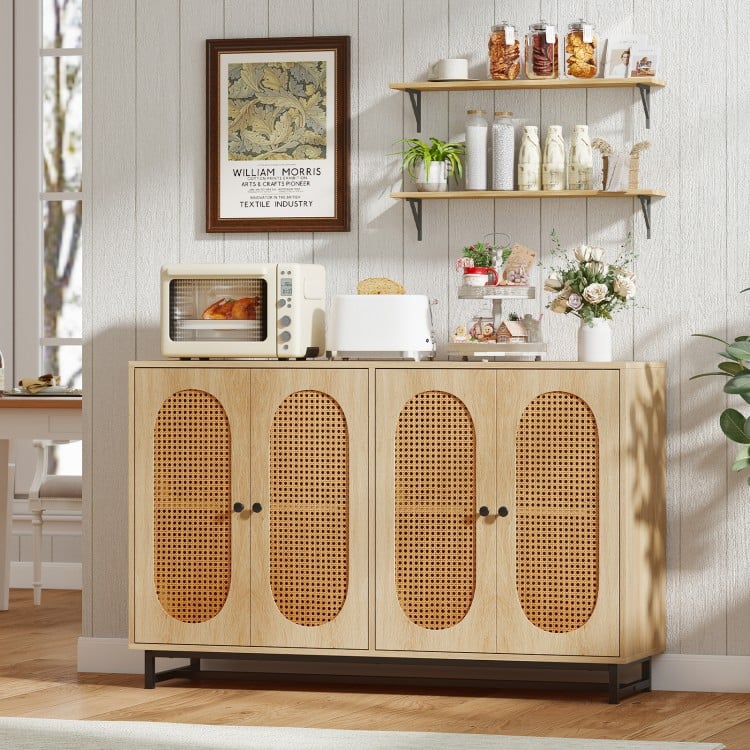 50 Inch Buffet Sideboard Cabinet with 4 Rattan Doors and Adjustable Shelves