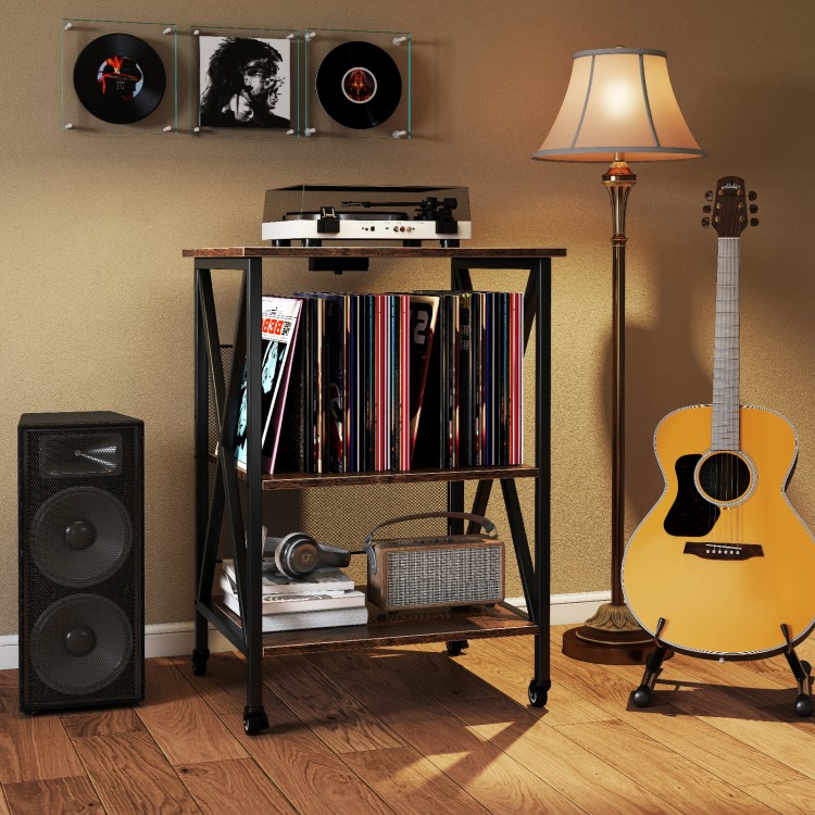 3-Tier Record Player Stand with Charging Station and Adjustable Shelf