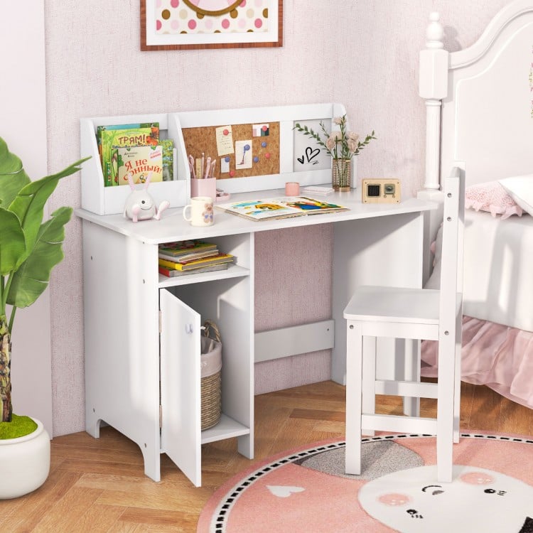 Wooden Kids Study Desk and Chair Set with Storage Cabinet and Bulletin Board
