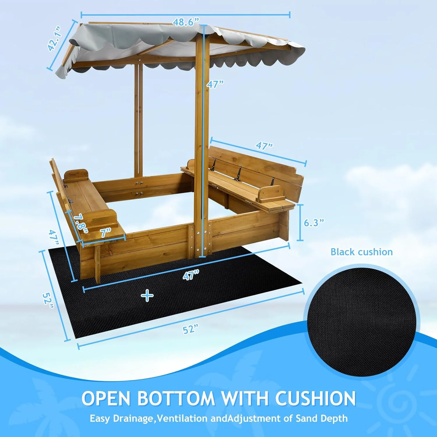 Kids Sandbox with Lid, Wooden Sand Box with Cover Outdoor, UV-Protection & Natural Wood, Foldable Bench Seat, Adjustable Canopy, Sand Box for Kids Ages 2-8（47x47in）