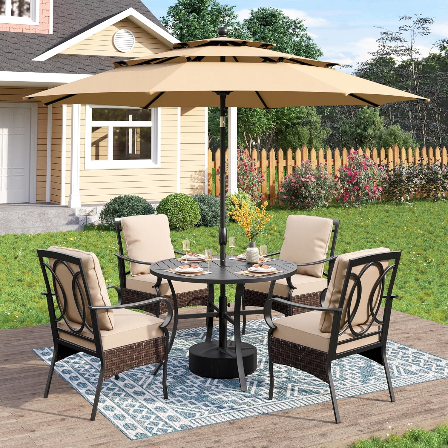 PHI VILLA 6-Piece Outdoor Dining Sets, All-Weather Patio Table and Chairs Set with Umbrella for 4, Heavy Duty Patio Round Table Set for Deck, 4 Extra Large Outdoor Swivel Chairs with Thick Cushions