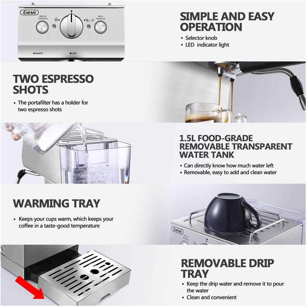 Gevi Silver Stainless Steel Espresso Machine, 15-Bar Pump, 2-Shot Cappuccino Maker, Coffee Brewer