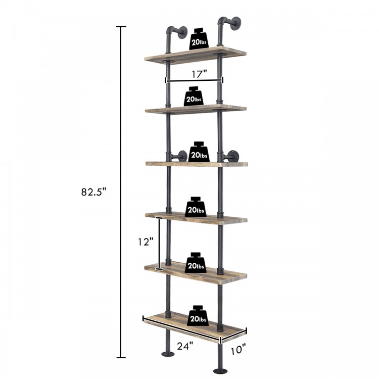 6-Tier Industrial Wall Mounted Pipe Shelves