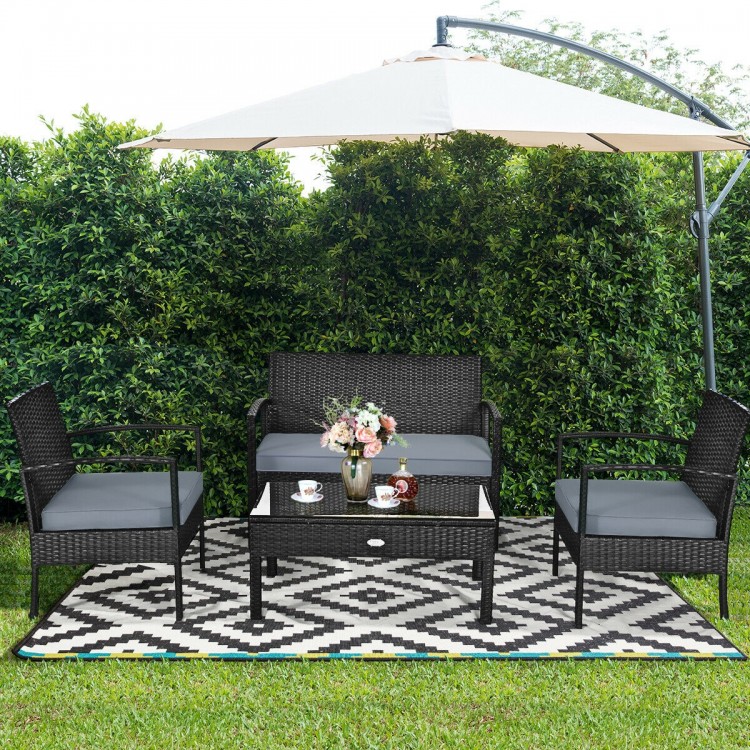 4 Pieces Patio Rattan Cushioned Furniture Set with Lounger and Table