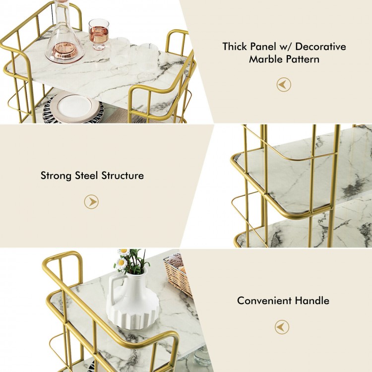 3-Tier Metal Kitchen Storage Serving Cart Trolley with Marble Tabletop and Handles