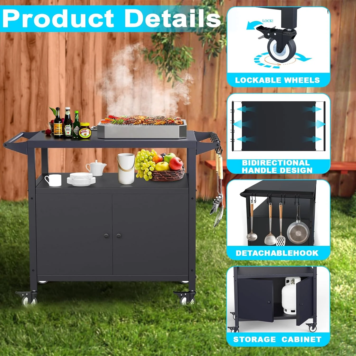 Movable Outdoor Grill Table with Storage & Utensil Hooks – BBQ Serving Cart
