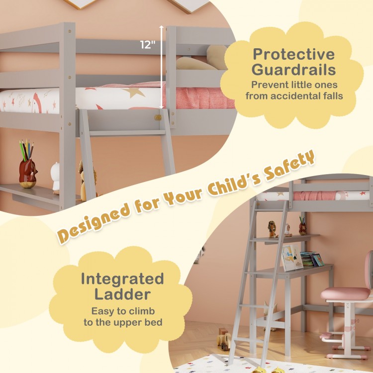 Twin Size Loft Bed with Desk and Bookshelves for Kids and Teens