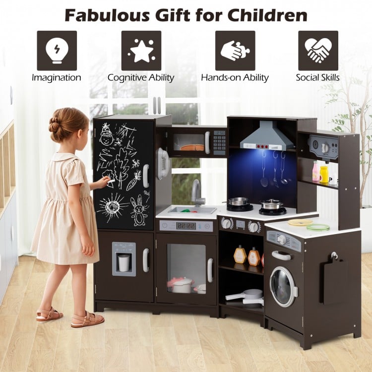 Corner Wooden Play Kitchen with Lights and Sounds Large Pretend Play Kitchen Set