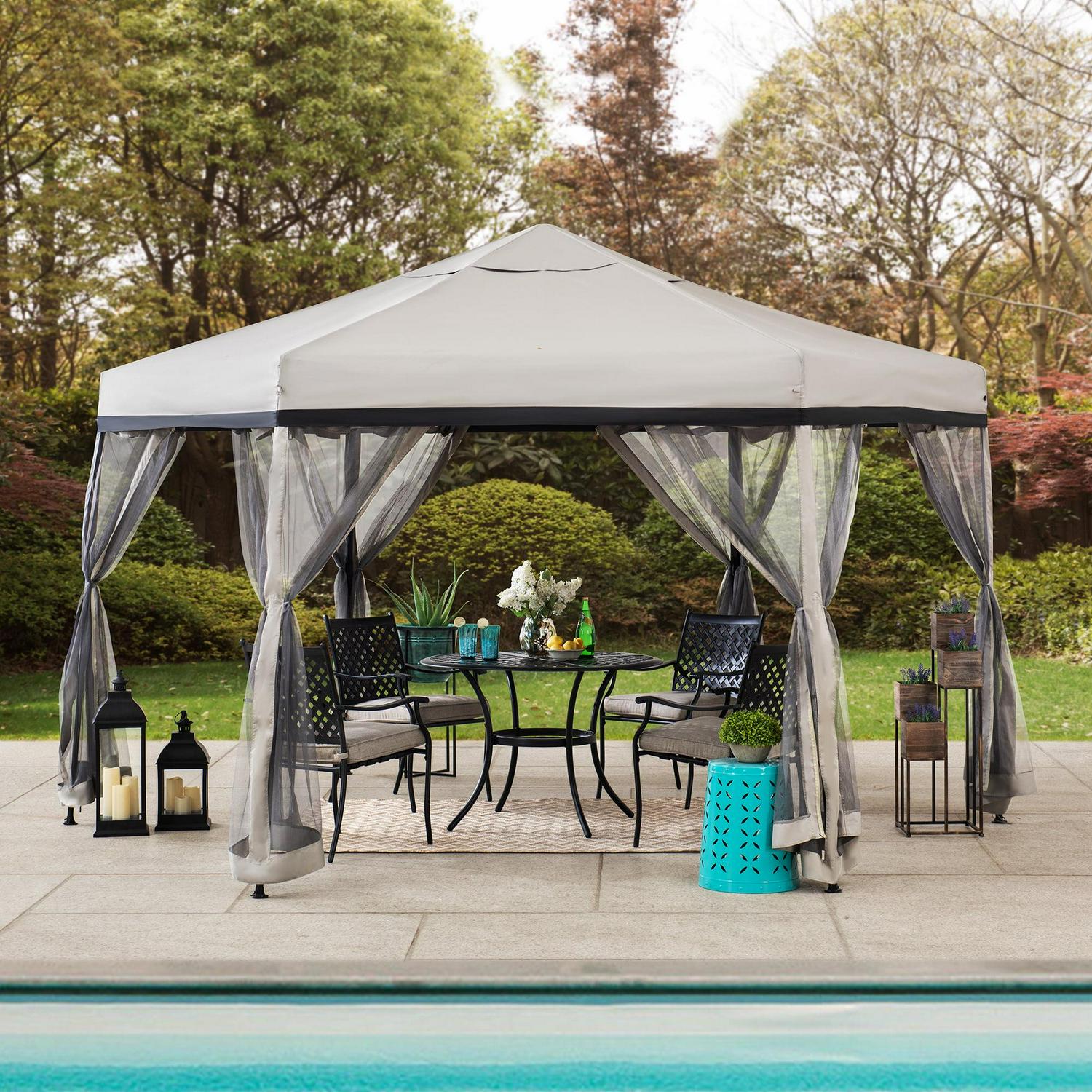 Sunjoy Millbrook 11×11 ft Portable Hexagon Steel Gazebo, Gray/Black, Pop-Up Canopy with Mesh Sidewalls