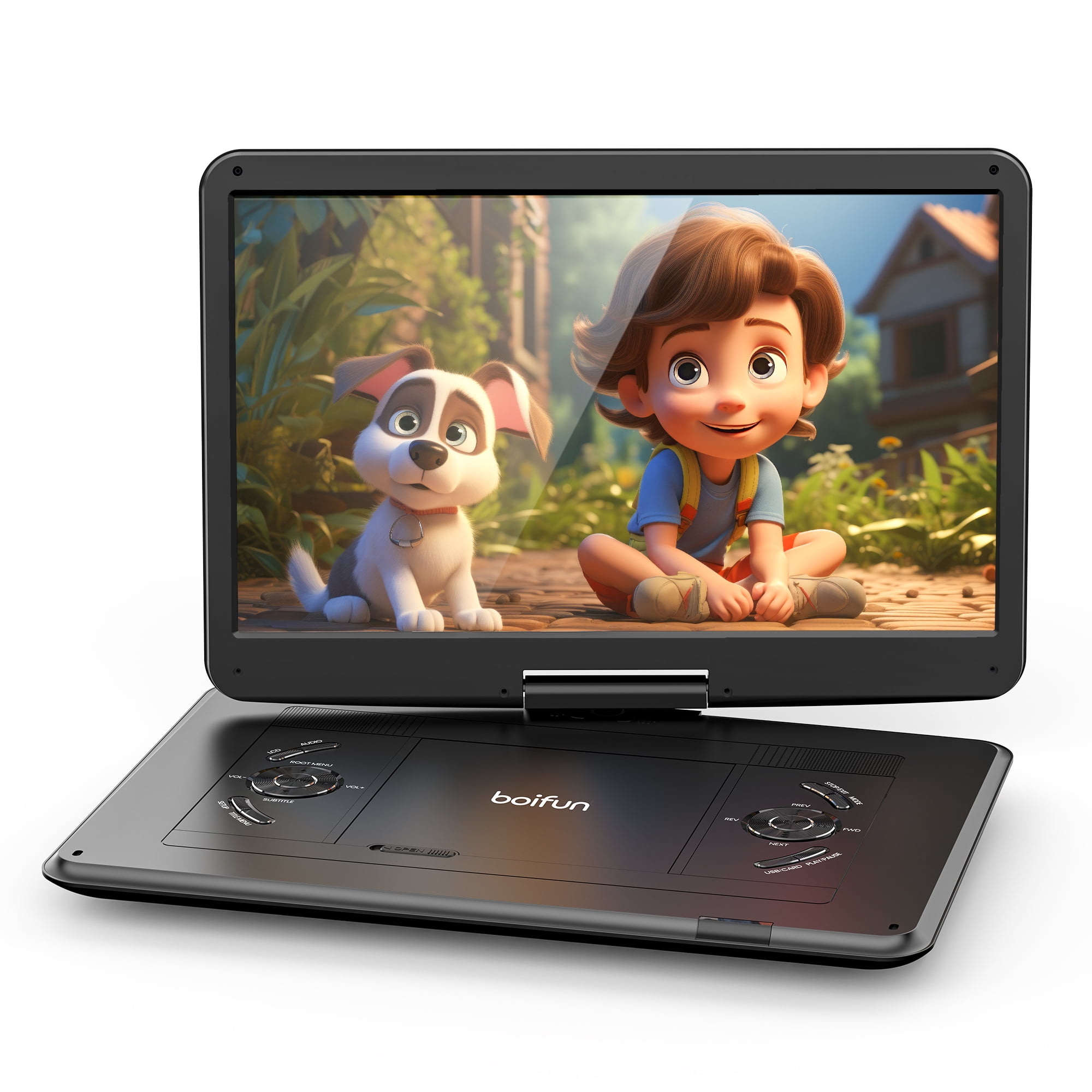 BOIFUN 15.6′′ Portable DVD Player, HD Swivel Screen, 6hr Battery, Multi-Format Support, Anti-Shock, USB/SD, Region-Free