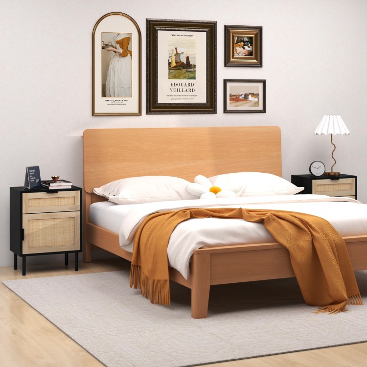 Rattan Nightstand Set of 2 with Drawer and Cabinet