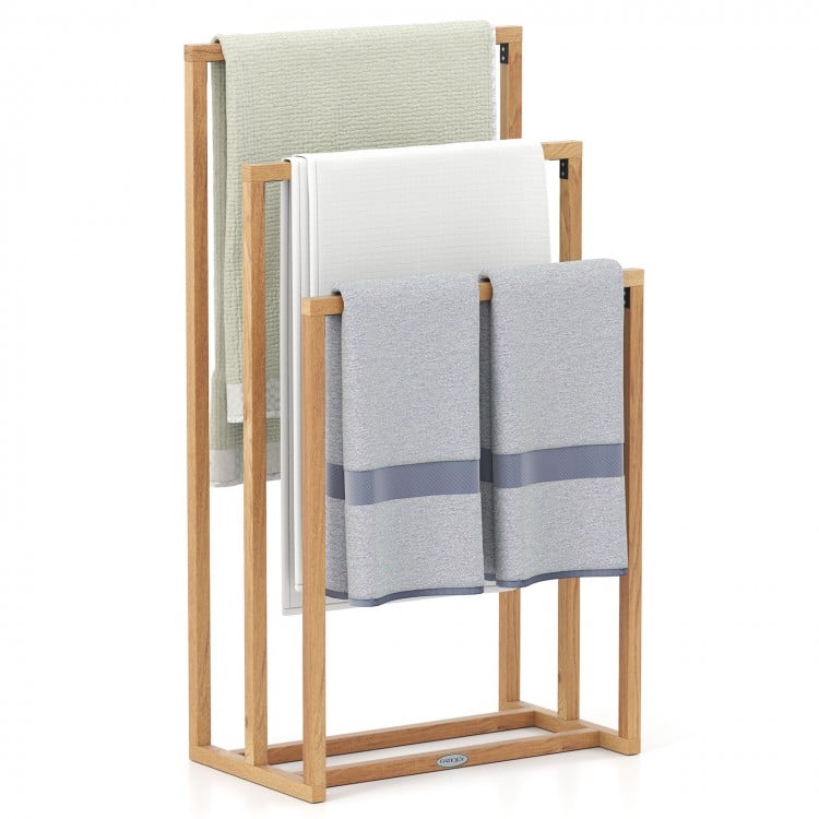 3-Tier Teak Wood Towel Rack with 3 Hanging Crossbars