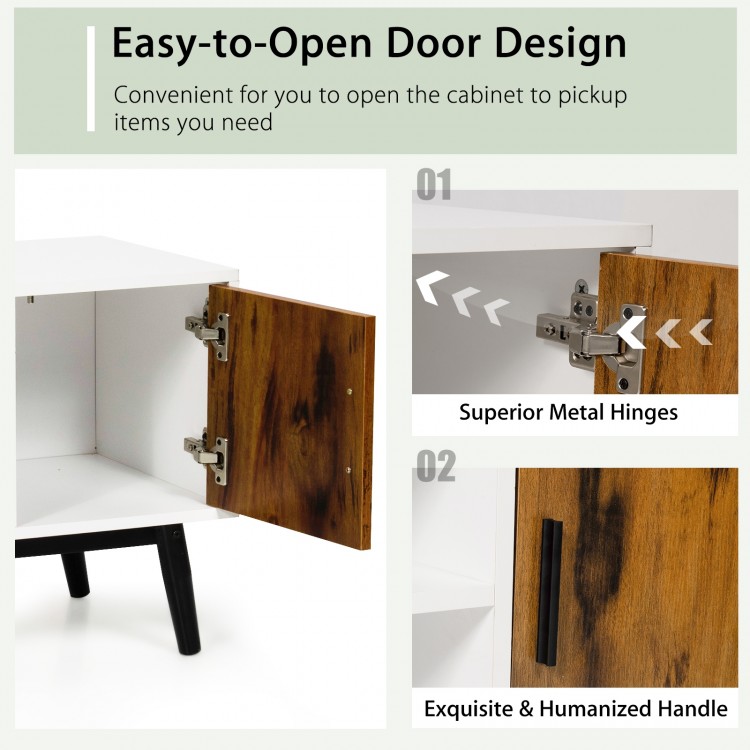 Mid-Century Wood TV Stand for 55 Inch with 2 Cabinets and Open Shelves