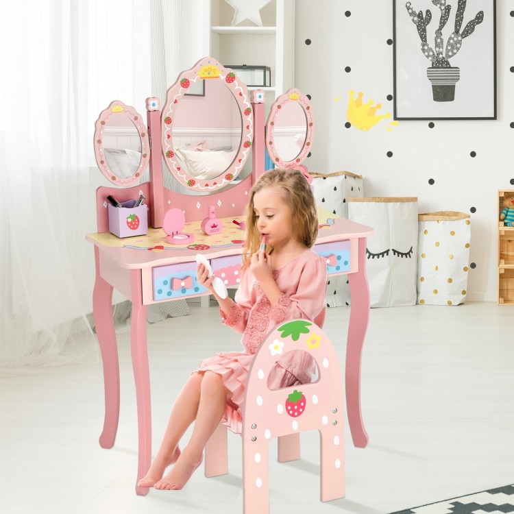 Kids Vanity Princess Makeup Dressing Table Chair Set with Tri-fold Mirror