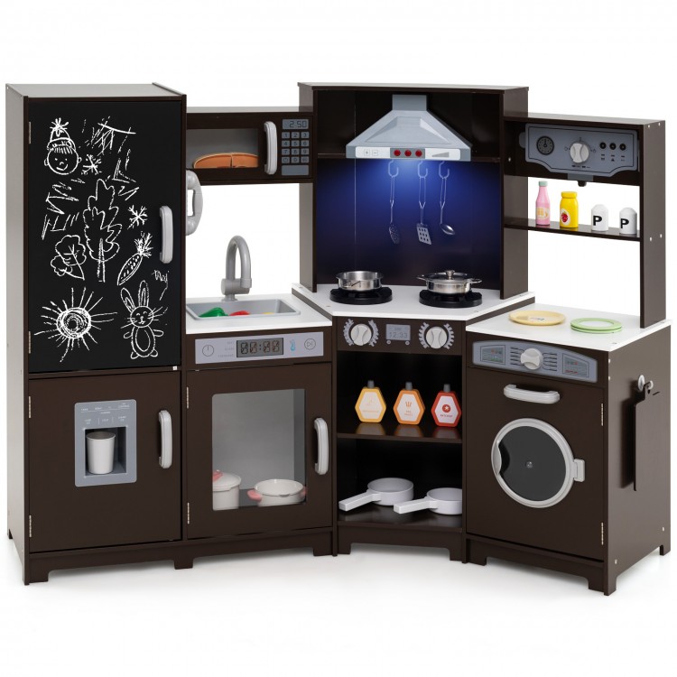 Corner Wooden Play Kitchen with Lights and Sounds Large Pretend Play Kitchen Set