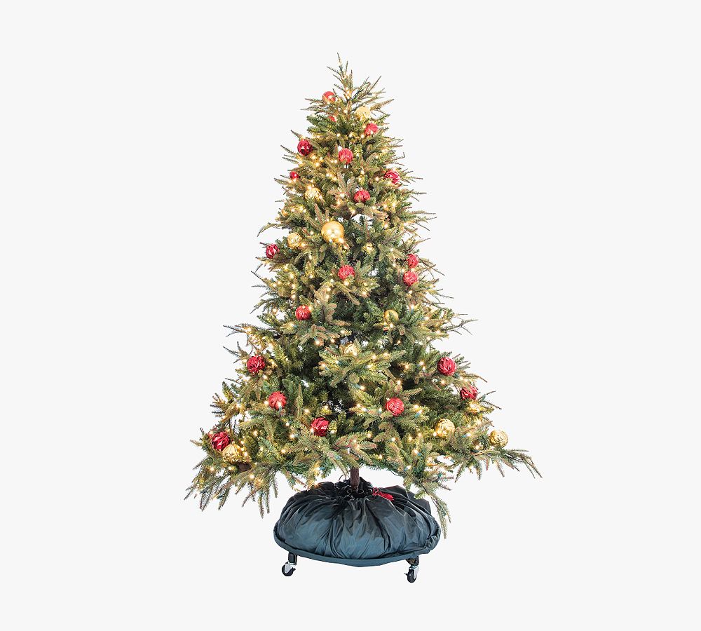 Decorated Upright Tree Storage Bag with Rolling Stand – Water-Resistant, Fits Up to 9′ Trees, Easy Zip Closure