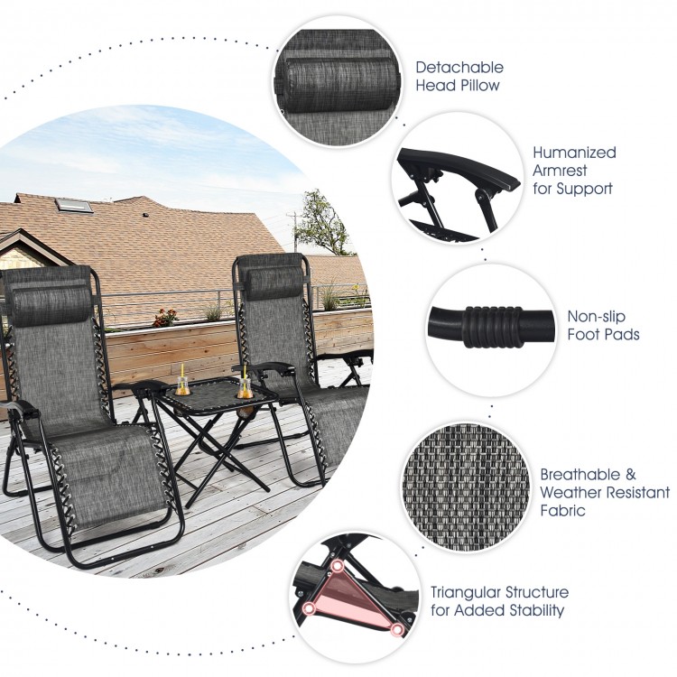 3 Pieces Folding Portable Zero Gravity Reclining Lounge Chairs Table Set