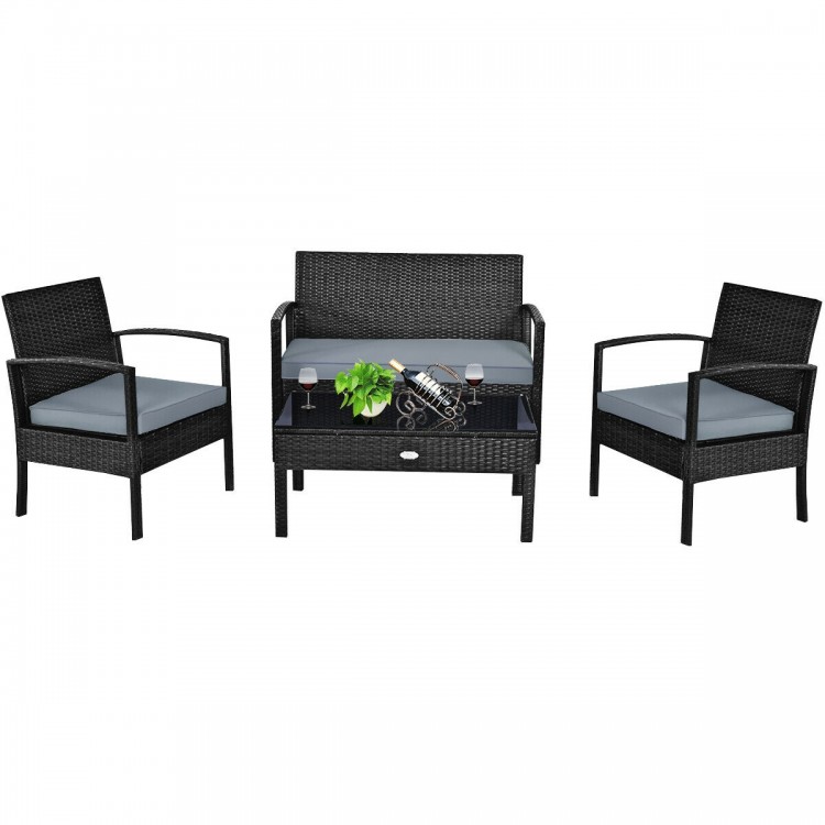 4 Pieces Patio Rattan Cushioned Furniture Set with Lounger and Table