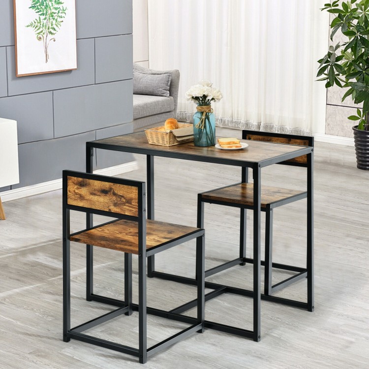 3 Pieces Dining Set Compact Table and 2 Chair with Metal Frame for Small Space