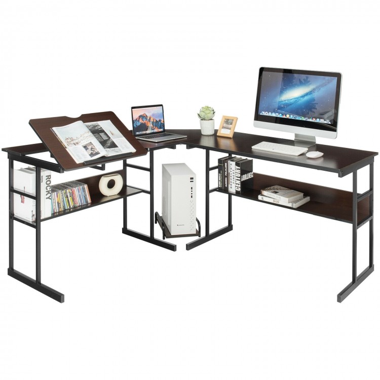 L-Shaped Computer Desk with Tiltable Tabletop
