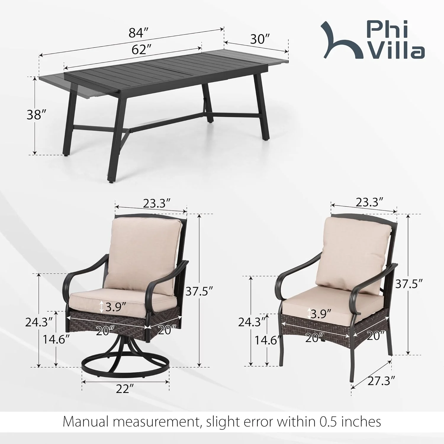 PHI VILLA 6-Piece Outdoor Dining Sets, All-Weather Patio Table and Chairs Set with Umbrella for 4, Heavy Duty Patio Round Table Set for Deck, 4 Extra Large Outdoor Swivel Chairs with Thick Cushions