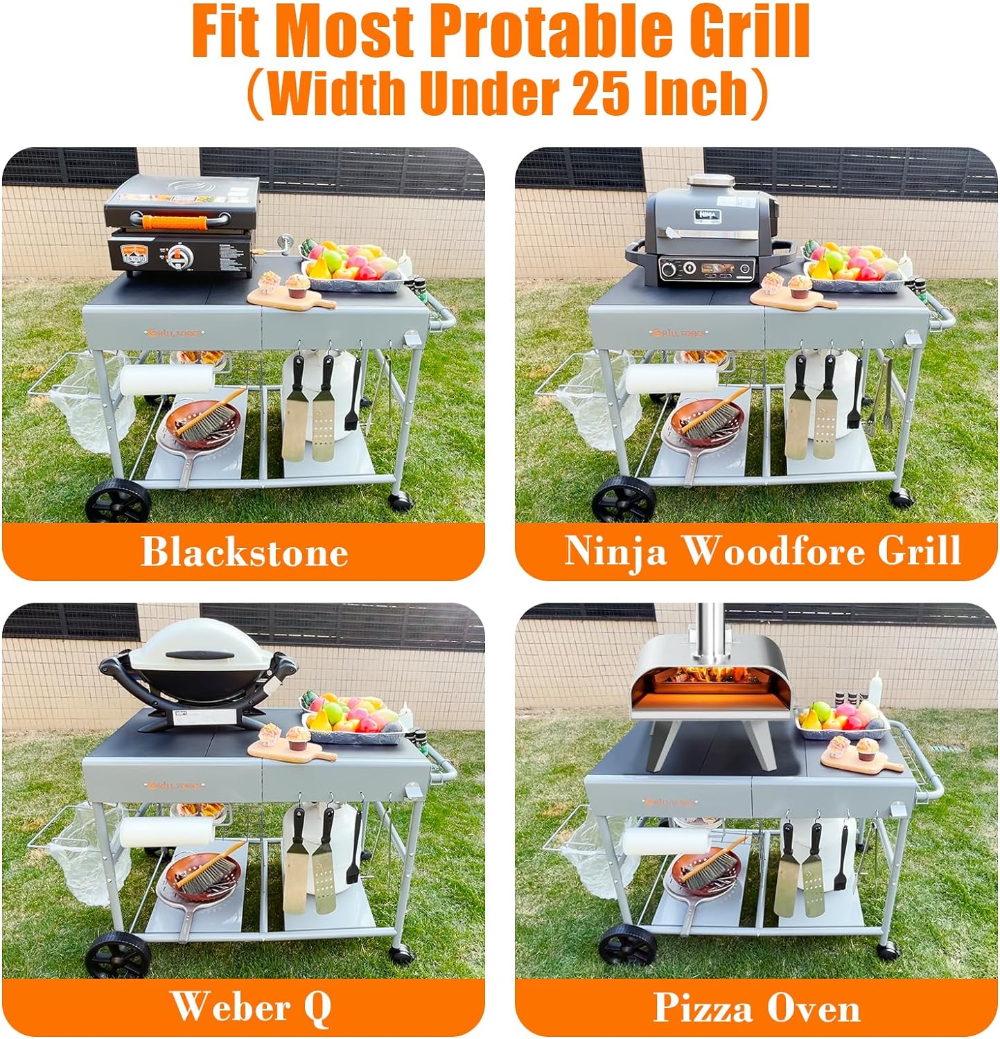 GRILL FORCE Outdoor Pizza Oven Table Stand – Fits Ooni, Ninja, Blackstone Grills, 3-Shelf, Mobile with Lockable Wheels