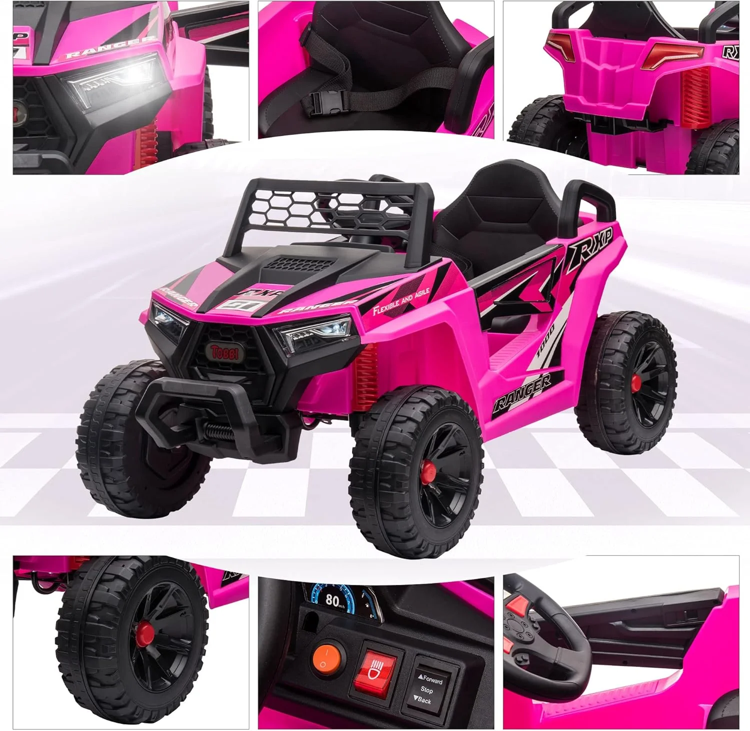 TOBBI 12V Kids Ride on Car, Electric Off-Road UTV Truck with Diverse Functions, Double Open Doors, Safety Belt, Horn, Music, and Lights for Kids Aged 3-5 Years (Rose Red)